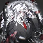  1boy ace_(playing_card) ace_of_diamonds ace_of_hearts ace_of_spades black_jacket blurry blurry_foreground card card_in_mouth closed_mouth collared_shirt diamond_(shape) double-parted_bangs gun hair_between_eyes heart highres holding holding_gun holding_weapon jacket king_(playing_card) layered_sleeves long_hair long_sleeves male_focus mouth_hold necktie original playing_card red_eyes red_necktie shirt smile solo spade_(shape) spotlight upper_body weapon white_hair white_shirt xiaodao_liu_meng 