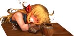  1girl absurdres ahoge artist_name bandana beer_mug blonde_hair blush brown_gloves closed_eyes cowboy_western cup denim denim_jacket drooling drunk elbow_gloves gloves highres jacket kaneeru long_hair mug original signature sleeping solo table winona_west 