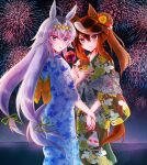  2girls aerial_fireworks ahoge animal_ears blue_eyes blue_kimono blush brown_hair candy_apple closed_mouth commentary_request fireworks floral_print floral_print_kimono flower food green_kimono green_ribbon grey_hair grey_tail hair_between_eyes hair_bun hair_flower hair_ornament hair_ribbon hairband holding holding_candy_apple holding_fireworks holding_food horse_ears horse_girl horse_tail japanese_clothes kimono long_hair long_sleeves looking_at_viewer mimoe multicolored_hair multiple_girls night obi oguri_cap_(umamusume) outdoors parted_lips print_kimono purple_eyes ribbon sash sky smile streaked_hair symboli_rudolf_(umamusume) tail umamusume white_hair yukata 