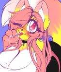  2018 angelface anthro big_breasts breasts candy canid canine choker cleavage clothed clothing female food fox hair hair_over_eye hi_res huge_breasts jewelry lollipop looking_at_viewer mammal necklace one_eye_closed one_eye_obstructed simple_background solo wink 