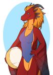 2_horns anthro ball beach_ball blue_eyes breasts claws clothed clothing dragon european_mythology eztli_(user_55) female female_anthro front_view hair hand_on_hip hi_res holding_object horn inflatable medium_breasts membrane_(anatomy) morgdl mythological_creature mythological_scalie mythology one-piece_swimsuit red_body scalie simple_background smile solo standing swimwear tail western_dragon wings wyvern