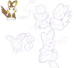  ambiguous_gender cheek_bulge chimecho eating emolga female feral generation_3_pokemon generation_5_pokemon generation_8_pokemon genitals group heart_symbol hi_res jewelry necklace nintendo ok1_hunter pokemon pokemon_(species) presenting skwovet trio vulva womb_tattoo 