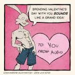  2020 anthro audio_(connivingrat) black_border border bottomwear clothed clothing connivingrat english_text front_view fur hi_res holidays lagomorph leporid male mammal pink_background rabbit shorts simple_background solo speech_bubble standing text topless valentine&#039;s_day valentines_day_card white_body white_eyes white_fur 