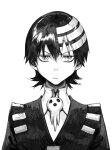  1boy commentary_request death_the_kid frown greyscale hair_between_eyes high_collar highres looking_at_viewer male_focus monochrome ringed_eyes short_hair simple_background skull_ornament solo soul_eater straight-on striped_hair suit upper_body white_background yonq98 