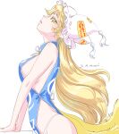  1girl alternate_hair_length alternate_hairstyle artist_name blonde_hair blue_tabard breasts commentary_request expressionless fox_girl fox_tail from_side hat large_breasts looking_at_viewer looking_to_the_side multiple_tails no_bra panties panty_straps s-a-murai sideboob solo tabard tail touhou underwear white_background white_panties yakumo_ran yellow_eyes 