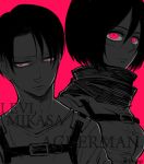  1boy 1girl belt black_hair breasts character_name ebgr facial_scar height_difference jacket jacket_removed levi_(shingeki_no_kyojin) limited_palette looking_at_viewer mikasa_ackerman monochrome pink_background pink_eyes purple_background purple_eyes scar scarf shingeki_no_kyojin shirt short_hair strap suspenders undercut 