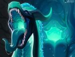 anthro black_body blue_body blue_fur blue_hair blue_mouth bodily_fluids bubble dragon drooling drooling_tongue fangs feral fin fire flippers fluorescent_light fur hair hi_res hoffersanchez horn light_hair light_mouth male mouth_shot mythological_creature mythological_scalie mythology neon open_mouth piercing purple_eyes saliva scales scalie snout solo spikes teeth throat tongue tongue_out vore x-ray_view