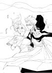  1boy 1girl alternate_universe bleach bleach:_sennen_kessen-hen breasts capelet commentary english_commentary gloves haori highres hitsugaya_toushirou holding holding_sword holding_weapon japanese_clothes kurosaki_karin large_breasts monochrome open_mouth pointing pointing_at_viewer ponytail quincy_(bleach) serious shihakusho silegesi sword taichou_haori weapon 