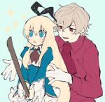  1boy 1girl alice_(grimms_notes) alice_(original)_(grimms_notes) ascot blonde_hair blue_dress blue_eyes bubble_skirt collared_shirt commentary_request dress flat_color grey_hair grimms_notes hair_between_eyes holding holding_sword holding_weapon juliet_sleeves lewis_carroll_(grimms_notes) lewis_carroll_(original)_(grimms_notes) long_hair long_sleeves one-hour_drawing_challenge open_mouth puffy_sleeves red_ascot red_shirt shirt short_hair skirt sparkle sword weapon wide_sleeves wooden_sword yako_(pzy) 