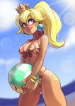  1girl alternate_hairstyle ball bangle beach beachball bikini blonde_hair blue_earrings blue_eyes blush bracelet breasts brooch commentary cowboy_shot crown day dirty_ero english_commentary front-tie_bikini front-tie_top highres jewelry leg_tattoo lens_flare lips long_hair mario_(series) moon_print nose ocean pink_lips ponytail princess_peach print_bikini red_bikini skindentation smile solo star_tattoo super_mario_bros. swimsuit tan tattoo thighs underboob 