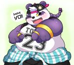  2020 alp_(tas) anthro belly blush bottomwear clothing cute_fangs fur giant_panda hat headgear headwear hi_res humanoid_hands kemono kusosensei male mammal one_eye_closed overweight overweight_male pants purple_body purple_fur solo text tokyo_afterschool_summoners ursid video_games white_body white_fur wink 