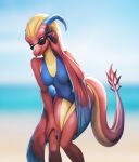 2_horns absurd_res adjusting_glasses anthro beach blue_eyes breasts claws clothed clothing countershading crouching dragon european_mythology eyewear eztli_(user_55) female front_view glasses hair hi_res horn looking_at_viewer membrane_(anatomy) membranous_wings mythological_creature mythological_scalie mythology nipple_outline one-piece_swimsuit raised_tail red_body scalie sea seaside smile solo sunglasses swimwear tail water western_dragon wings wyvern yorzis