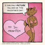  2020 anthro black_border border bra brown_body brown_fur chipmunk clothing connivingrat english_text eyes_closed female film_(connivingrat) front_view fur ground_squirrel hi_res holidays mammal pink_background rodent sciurid simple_background solo speech_bubble standing text underwear valentine&#039;s_day valentines_day_card 