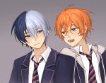  2boys aoyagi_touya bbahot blazer blonde_streaks blue_hair blue_jacket brown_eyes closed_mouth commentary_request earrings grey_background grey_eyes grey_jacket hood hood_down hooded_jacket jacket jewelry kamiyama_high_school_uniform_(project_sekai) korean_commentary lapels light_smile looking_at_another male_focus mole mole_under_eye multicolored_hair multiple_boys necktie notched_lapels open_mouth orange_hair project_sekai school_uniform shinonome_akito shirt short_hair simple_background split-color_hair streaked_hair striped_clothes striped_necktie teeth upper_body white_shirt 