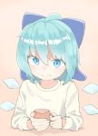  1girl ahoge aqua_hair blue_bow blue_eyes bow cirno coffee_mug commentary_request cup detached_wings hair_bow highres holding holding_cup ice ice_wings kae_karee long_hair looking_at_viewer mug pink_background shirt short_hair smile solo touhou upper_body white_shirt wings 