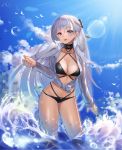  1girl absurdres alternate_costume azur_lane belfast_(azur_lane) bikini bikini_under_clothes bird black_bikini black_bow blue_eyes blue_shirt blue_sky blush bow braid breasts cleavage cloud day eyebrows_visible_through_hair french_braid hair_bow hair_ornament highres in_water large_breasts long_hair long_sleeves looking_at_viewer lordol navel open_mouth outdoors seagull shirt silver_hair sky smile solo swimsuit thighs water water_drop waves 