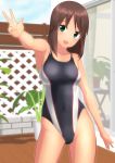  1girl absurdres alice_gear_aegis black_swimsuit breasts brown_hair cleavage collarbone commentary_request competition_swimsuit contrapposto cowboy_shot dark_skin fence green_eyes highres kaneshiya_sitara looking_at_viewer medium_breasts one-piece_swimsuit plant sliding_doors smile solo standing swimsuit takafumi v 
