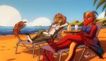 2_horns anthro beach beverage bikini blue_eyes breasts chair claws clothed clothing container countershading crossed_legs cup detailed_background dinosaur dragon dromaeosaurid duo european_mythology eyes_closed eztli_(user_55) feathers feet female female/female front_view furniture green_body hair hands_behind_head hands_on_lap hi_res horn katnay looking_at_viewer lounge_chair lying melody_(user_55) membrane_(anatomy) mythological_creature mythological_scalie mythology non-mammal_breasts one-piece_swimsuit prehistoric_species red_body reptile saurischian scalie sea seaside smile stripes swimwear table tail theropod toes tropical two-piece_swimsuit velociraptor water western_dragon wings wyvern