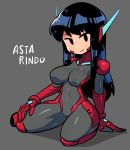  1girl asta_rindo bangs black_bodysuit black_eyes black_hair bodysuit breasts character_name closed_mouth commentary covered_nipples english_commentary engrish_commentary grey_background headgear highres impossible_bodysuit impossible_clothes long_hair looking_at_viewer medium_breasts nipples original rariatto_(ganguri) simple_background sitting skin_tight smile 
