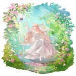  4girls absurdres animal_ears blue_sky border cat_ears cat_girl cat_tail closed_mouth commentary commission day dress fairy fantasy flower fluffy_hair foliage fountain full_body hand_up highres jewelry long_hair multiple_girls necklace original outdoors pink_flower pink_hair pink_rose pond pump red_eyes rose sajo_(sajo_flow) shoes sitting sky solo_focus tail untranslatable_commentary water white_border white_dress white_shoes 