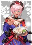  1girl absurdres bangs bare_shoulders blue_eyes blue_kimono blush border bowl breasts chopsticks cleavage earrings fate/grand_order fate_(series) food grey_background hair_ornament highres holding holding_bowl holding_chopsticks japanese_clothes jewelry katana kimono large_breasts long_hair long_sleeves looking_at_viewer magatama miyamoto_musashi_(fate/grand_order) navel navel_cutout noodles obi open_mouth pink_hair ponytail saruchitan sash simple_background smile swept_bangs sword udon weapon white_border wide_sleeves 