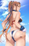  1girl ass asymmetrical_bangs back bangs bare_shoulders beatrix_(granblue_fantasy) bikini blue_bikini blue_ribbon blue_sky blush breasts brown_eyes brown_hair closed_mouth eyewear_on_head granblue_fantasy hair_ornament highres large_breasts long_hair looking_at_viewer looking_back ponytail renzu_(lens_02) ribbon sky smile sunglasses swimsuit thighs 