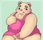  2020 anthro apron balls belly blush brown_body brown_fur clothing fur genitals green_eyes hi_res inigo_(kusosensei) kemono kusosensei male mammal masturbation overweight overweight_male penis solo ursid 