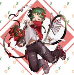  1boy absurdly_long_tail absurdres arknights baimudafeiyu black_pants bright_pupils chinese_new_year commentary_request eyewear_on_head folding_fan full_body green_hair hand_fan highres holding holding_plant hongbao jacket looking_at_viewer male_focus midriff_peek open_mouth orange_eyes pants patterned_background plant pointy_ears potted_plant red-tinted_eyewear red_background red_jacket red_shoes shirt shoes short_hair simple_background snake_boy snake_tail sneakers solo sunglasses tail tinted_eyewear verdant_(arknights) vertical_half_gloves white_background white_pupils white_shirt 