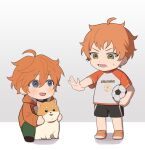  2boys :d aged_down akehoshi_subaru ball bbahot black_shorts blue_eyes brown_shoes child commentary_request crossover daikichi_(ensemble_stars!) dog ensemble_stars! green_eyes green_pants hair_between_eyes holding holding_ball hood hood_down hooded_jacket jacket korean_commentary light_blush long_sleeves looking_at_another male_focus multiple_boys nervous open_mouth orange_hair orange_jacket orange_shirt orange_shorts pants project_sekai raglan_sleeves shinonome_akito shirt shoes short_sleeves shorts small_sweatdrop smile soccer_ball standing teeth two-tone_shirt v-shaped_eyebrows white_shirt 