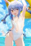  1girl :d absurdres animal_ear_fluff animal_ears arm_up armpits bare_arms bare_shoulders blue_hair braid breasts bunny_ears carrot_hair_ornament cloud cowboy_shot day food_themed_hair_ornament groin hair_ornament highleg highleg_swimsuit highres hololive long_hair looking_at_viewer navel navel_cutout ocean one-piece_swimsuit open_mouth orange_eyes outdoors seicoh sky small_breasts smile solo spaghetti_strap standing swimsuit thighs twin_braids twintails usada_pekora water wet white_swimsuit 