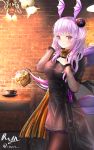  arknights bat_wings black_coat black_legwear breasts coat cup hair_ornament head_wings highres large_breasts manticore manticore_(arknights) purple_eyes purple_hair rino_rea scorpion_tail skirt tail teacup teapot wings 