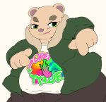  2020 absurd_res anthro bottomwear brown_body brown_fur clothing fur green_eyes hi_res inigo_(kusosensei) kemono kusosensei male mammal overweight overweight_male pants shirt simple_background solo topwear ursid white_background 