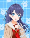  1girl absurdres alarm_clock anime_coloring blue_background blue_eyes blue_hair blue_ribbon brown_cardigan brown_dress cardigan character_logo clock commentary dress grid_background hair_ribbon half_updo hand_on_own_chest hasu_no_sora_school_uniform highres kujo_awenn link!_like!_love_live! long_hair long_sleeves love_live! mole mole_on_neck murano_sayaka neckerchief open_cardigan open_clothes red_neckerchief red_ribbon revision ribbon sailor_collar sailor_dress school_uniform sleeves_past_wrists solo upper_body virtual_youtuber white_sailor_collar winter_uniform 
