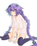  1girl between_legs blue_eyes blush boa_(brianoa) choujigen_game_neptune closed_mouth convenient_arm eyebrows_visible_through_hair hair_between_eyes hair_ornament hand_between_legs highres leaning_forward long_hair looking_at_viewer neptune_(series) purple_hair purple_heart purple_legwear shirt short_sleeves simple_background sitting solo symbol-shaped_pupils thighhighs very_long_hair wariza white_background white_shirt 