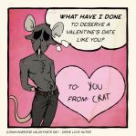  2020 anthro awkward black_border black_eyes border bottomwear clothed clothing connivingrat crat_(connivingrat) english_text front_view fur grey_body grey_fur hi_res holidays jeans male mammal murid murine pants pink_background rat rodent simple_background solo standing text thought_bubble topless valentine&#039;s_day valentines_day_card 