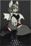  angelface anthro band-aid bandage boots bottomwear breasts chiropteran cleavage clothed clothing collar female fishnet fishnet_legwear footwear hi_res legwear looking_at_viewer mammal scar sitting skirt spikes 