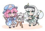  2girls black_hairband blue_hat blue_kimono bright_pupils cherry_blossom_print chibi drooling floral_print food frilled_kimono frills full_body ghost ghost_print green_eyes hairband hat highres holding holding_paintbrush holding_sword holding_weapon japanese_clothes kimono konpaku_youmu konpaku_youmu_(ghost) mob_cap multiple_girls onigiri paintbrush painting_(object) pink_eyes pink_hair saigyouji_yuyuko short_hair simple_background standing star_(symbol) sword touhou triangular_headpiece weapon white_background white_pupils yoriyori 