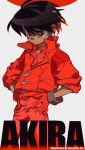  1boy akira_(manga) belt black_hair closed_mouth collared_shirt commentary_request copyright_name frown gloves hands_on_own_hips highres jacket kaneda_shoutarou_(akira) male_focus open_collar pants red_belt red_eyes red_gloves red_jacket red_pants red_shirt sameyama_jiro shirt short_hair solo white_background 