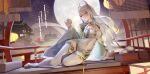  1girl absurdres aerial_fireworks architecture breasts chinese_commentary commentary_request covered_navel cup earrings east_asian_architecture fireworks genshin_impact highres holding holding_cup jewelry large_breasts leotard long_hair looking_at_viewer lying night on_side revision smile solo thighhighs very_long_hair white_hair white_leotard white_thighhighs xiaojuan_(user_ezvt7287) yellow_eyes zibai_(genshin_impact) 