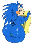 3:4 animal_crossing animal_humanoid anthro apron big_breasts big_butt blue_body blue_fur blue_hair breasts butt clothed clothing digital_media_(artwork) eulipotyphlan eulipotyphlan_humanoid female fur hair hedgehog hedgehog_humanoid hi_res huge_butt humanoid looking_at_viewer looking_back mabel_able mammal mammal_humanoid mostly_nude nintendo nr_ac sewing simple_background smile solo thick_thighs video_games 