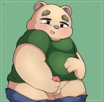  2020 absurd_res anthro balls blush brown_body brown_fur fur genitals green_background hi_res inigo_(kusosensei) kemono kusosensei male mammal masturbation overweight overweight_male penis simple_background solo ursid young 