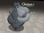  2026 anthro artist_name axoarts balls big_butt big_moobs black_bracelet bodily_fluids bracelet burping butt checkered checkered_floor crossgender digital_media_(artwork) domestic_cat exclamation_point fangs felid feline felis fur genitals grey_body grey_ears grey_fur grey_nipples grey_tail guillotina_(mewgenics) hi_res high-angle_view huge_butt jewelry male mammal mewgenics moobs multicolored_body multicolored_fur navel nipples nude obese obese_anthro obese_male onomatopoeia overweight overweight_anthro overweight_male penis sharp_teeth small_balls small_penis solo sound_effects spiked_bracelet spikes standing sweat tail teeth text thick_thighs three-quarter_view two_tone_body two_tone_fur white_eyes 