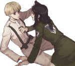  2girls androgynous black_eyes black_hair blonde_hair coat dagger green_coat gun half-closed_eyes highres knife long_hair long_sleeves marley_military_uniform military military_uniform multiple_girls paradis_military_uniform pi0w0pi pieck reverse_trap shingeki_no_kyojin short_hair survey_corps_(emblem) suspenders tied_hair uniform wavy_hair weapon yelena_(shingeki_no_kyojin) 