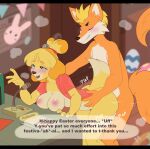 absurd_res animal_crossing anthro apinkgrape areola biped blonde_hair blush bottomwear bottomwear_down breasts canid canine canis clothed clothing detailed_background dialogue domestic_dog duo eyelashes female female_penetrated fox fur hair hi_res inside isabelle_(animal_crossing) male male/female male_penetrating mammal multicolored_body nintendo nipples orange_body penetration pupils sex shih_tzu skirt_down speech_bubble text topwear toy_dog yellow_body