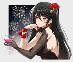  1girl aerial_fireworks bare_shoulders black_dress black_hair blush breasts choker closed_mouth commentary commission cup dress drinking_glass earrings elbow_gloves english_commentary fireworks flower from_side gloves hair_between_eyes hair_flower hair_ornament highres holding holding_cup jewelry lace-trimmed_choker lace_trim large_breasts looking_at_viewer official_alternate_costume sideboob single_elbow_glove solo tales_of_(series) tales_of_berseria velvet_crowe velvet_crowe_(formal_dress) vgen_commission wine_glass yellow_eyes zedoraart 