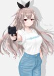  1girl absurdres aiming aiming_at_viewer artist_name black_ribbon blue_pants breasts brown_hair collarbone commentary copyright_logo copyright_name cowboy_shot denim double-parted_bangs drop_shadow english_commentary eydis_(sao) floating_hair gun hair_between_eyes hair_ribbon hand_in_pocket hand_up handgun high_ponytail highres holding holding_gun holding_weapon jeans large_breasts light_frown logo long_hair meme pants phanuchan ponytail red_eyes ribbon shirt shirt_tucked_in short_sleeves signature simple_background solo standing sword_art_online sword_art_online:_alicization sword_art_online:_unleashed_blading t-shirt tented_shirt weapon weapon_request white_background white_shirt yusuf_dikec_(meme) 