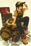  1girl ;d arm_support arm_up baseball_cap black_hat braid brown_eyes brown_hair brown_sandals commentary_request gears geta hammer hat highres holding holding_hammer honeycomb_(pattern) honeycomb_background japanese_clothes kimono long_hair one_eye_closed original overalls sandals short_sleeves sitting smile solo tasuki turtle twitter_username usagino_suzu wrench yellow_kimono 