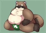  2020 absurd_res anthro belly brown_body brown_fur canid canine clothing fur green_eyes hi_res kemono kusosensei male mammal moobs navel nipples overweight overweight_male raccoon_dog solo tanuki underwear 