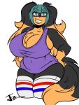  3:4 anthro big_breasts breasts canid canine canis cleavage clothed clothing domestic_dog eyewear female glasses hair hi_res huge_breasts kingjaguar mammal solo zoey_(jwinkz) 