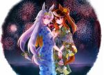  2girls aerial_fireworks ahoge animal_ears blue_eyes blue_kimono blush brown_hair candy_apple closed_mouth commentary_request fireworks floral_print floral_print_kimono flower food green_kimono green_ribbon grey_hair grey_tail hair_between_eyes hair_bun hair_flower hair_ornament hair_ribbon hairband holding holding_candy_apple holding_fireworks holding_food horse_ears horse_girl horse_tail japanese_clothes kimono long_hair long_sleeves looking_at_viewer mimoe multicolored_hair multiple_girls night obi oguri_cap_(umamusume) outdoors parted_lips print_kimono purple_eyes ribbon sash sky smile streaked_hair symboli_rudolf_(umamusume) tail umamusume white_hair yukata 